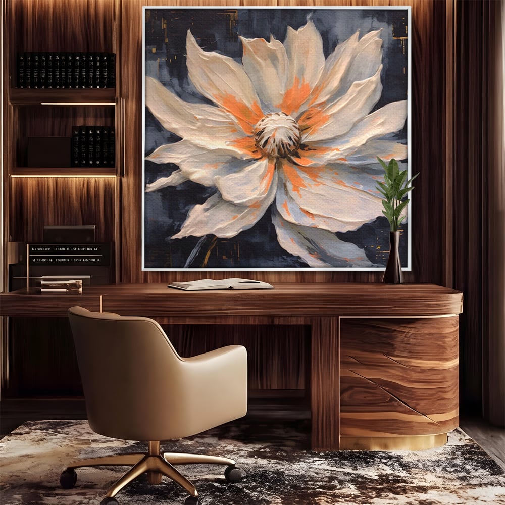 Tablou canvas cu tablou canvas cu floare texturata, in rama de aluminiu argintiu, pe perete intr-un birou